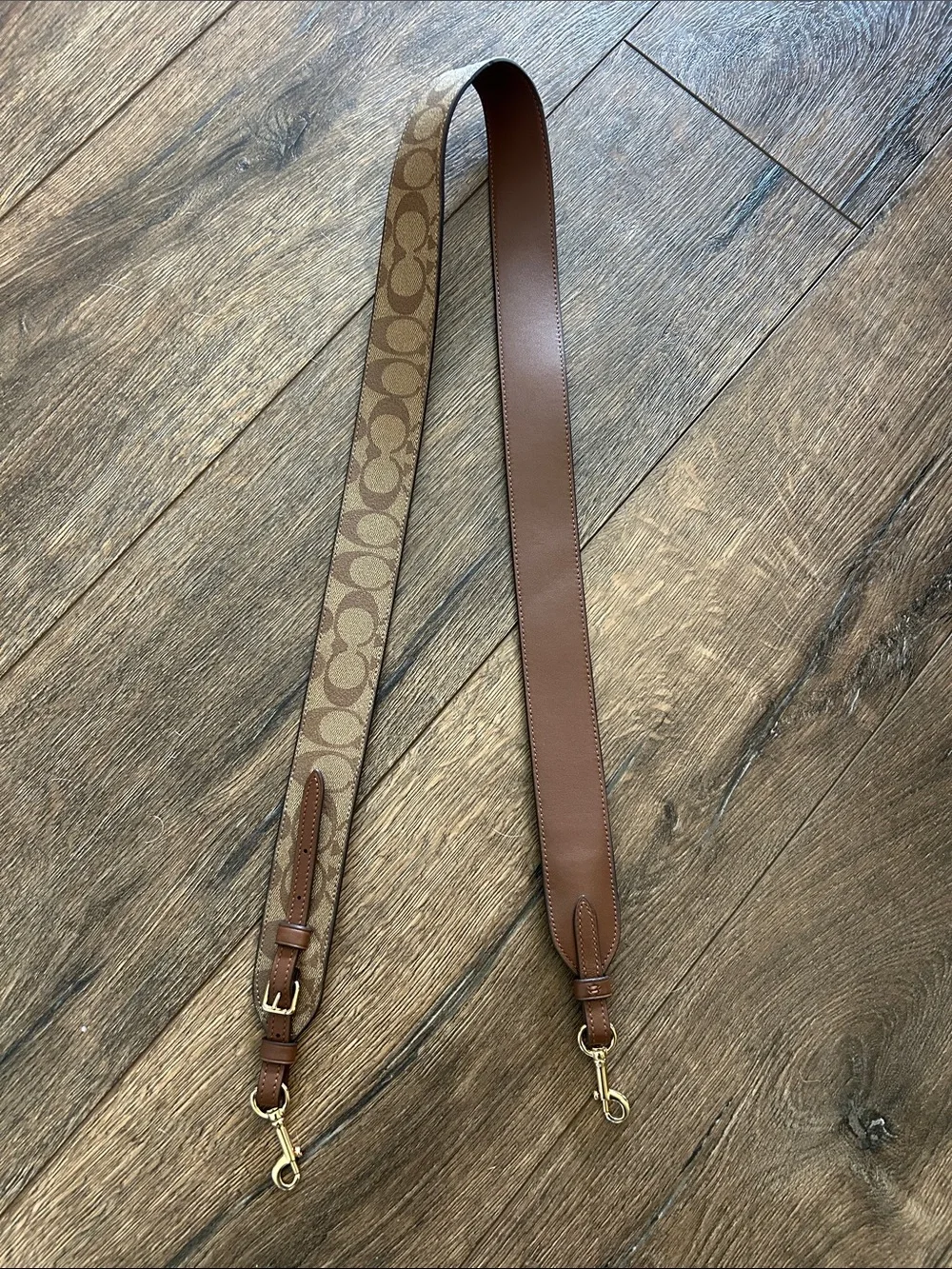 Coach Brown Leather & Signature Canvas Adjustable Strap with Gold Hardware